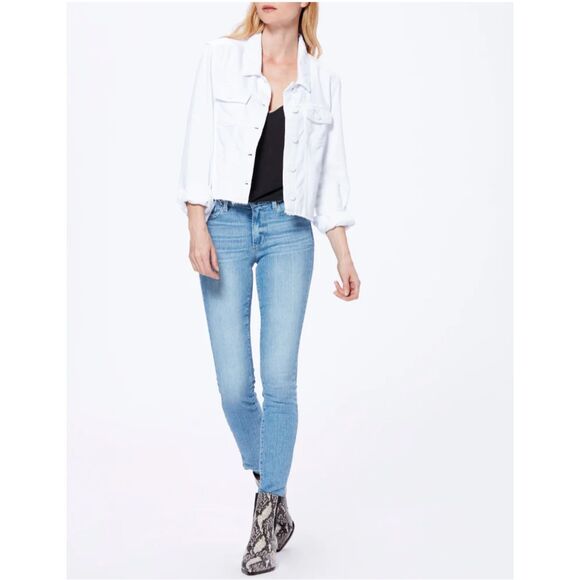 Paige Relaxed Vivienne Cropped Jean Denim Jacket w/ Raw Hem in Crisp White XL - Picture 15 of 15